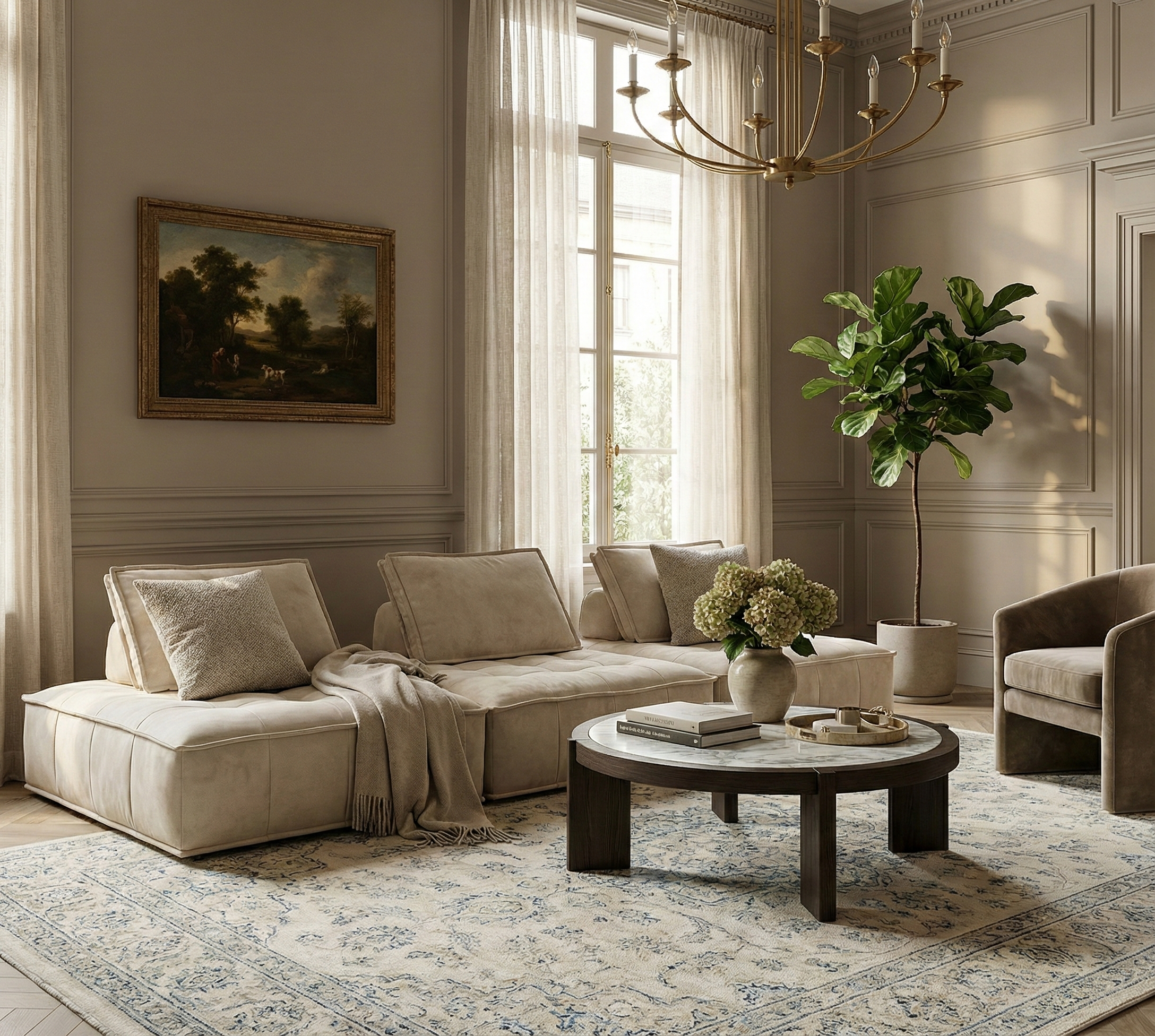 Luxurious living room with beige sofa, round coffee table, and decorative elements.