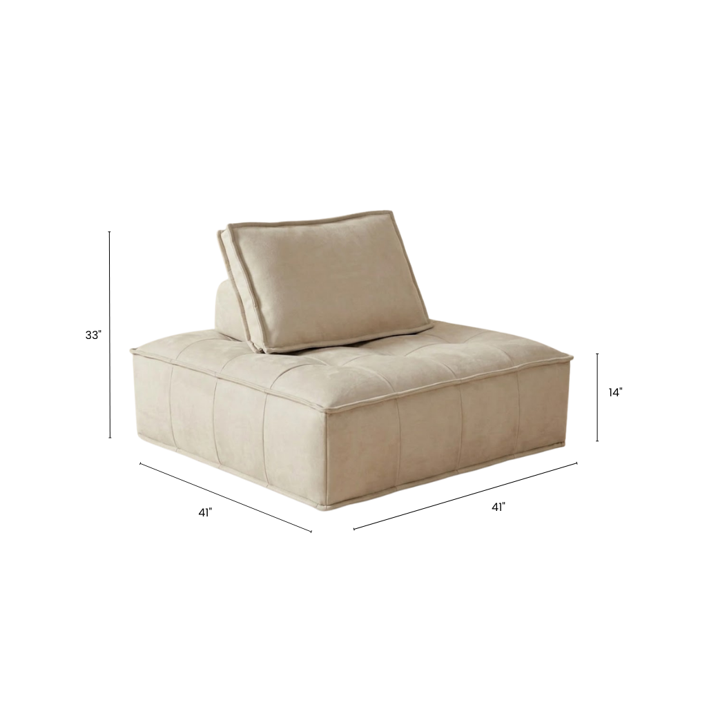 Beige armchair with dimensions labeled on a white background