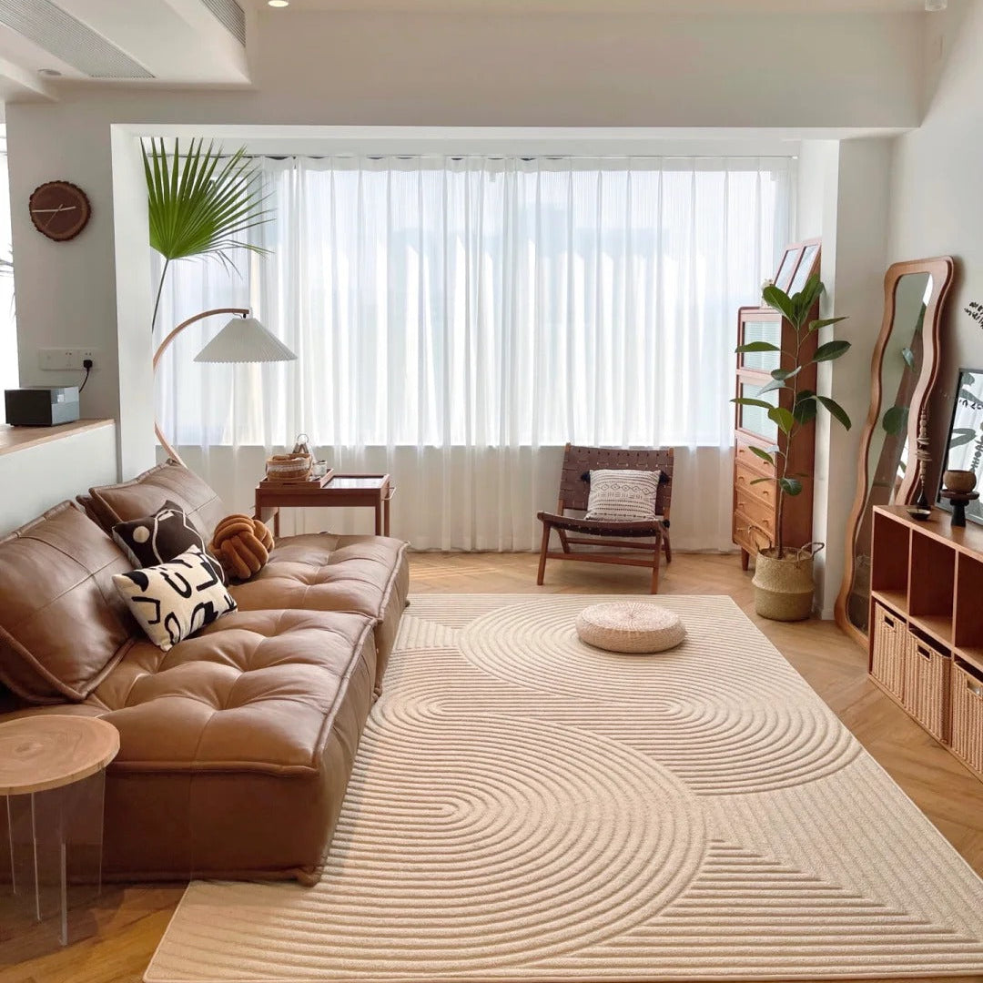 Tofu Modular Sofa in brown leather fabric styled in bright living room with neutral rug, wooden decor, and natural light