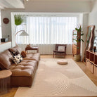 Tofu Modular Sofa in brown leather fabric styled in bright living room with neutral rug, wooden decor, and natural light
