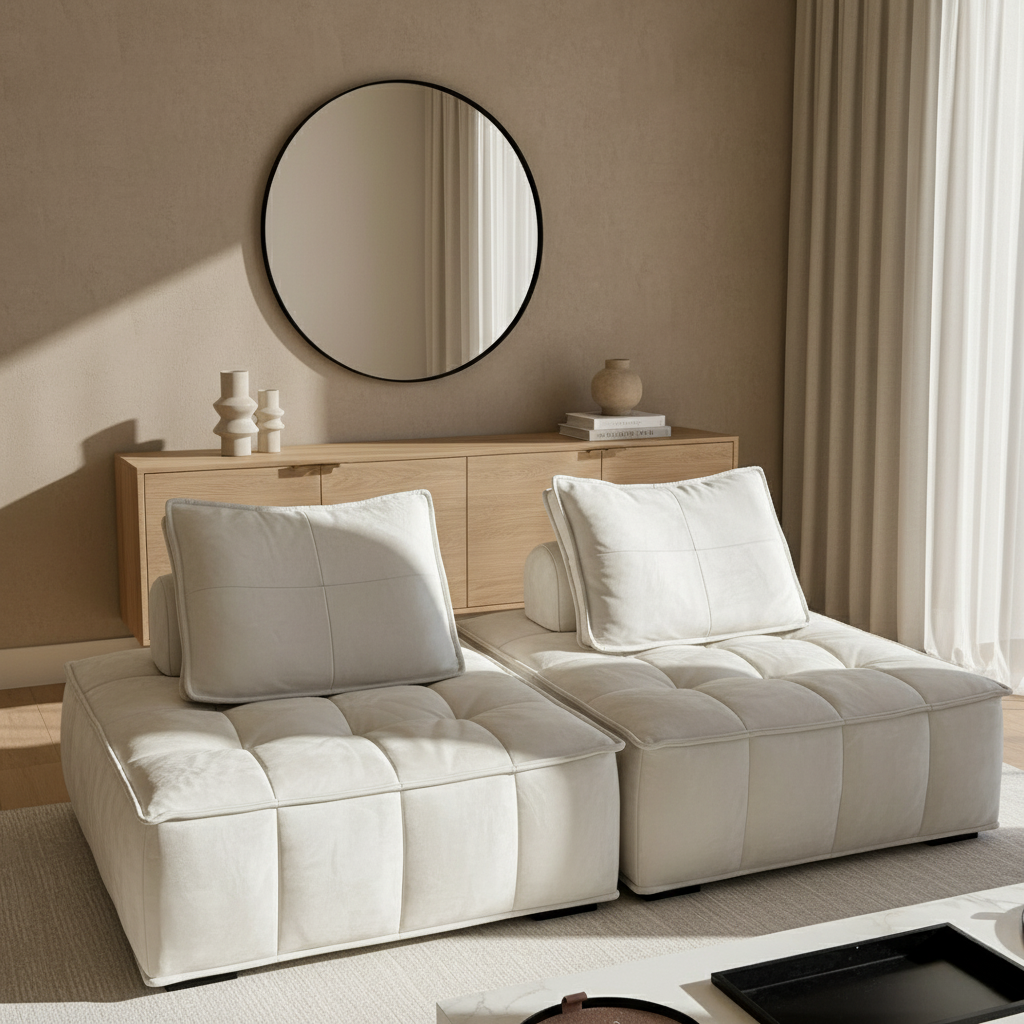 Tofu Modular Sofa in beige suede fabric styled in minimalist modern living room with oak sideboard, round mirror, and neutral decor