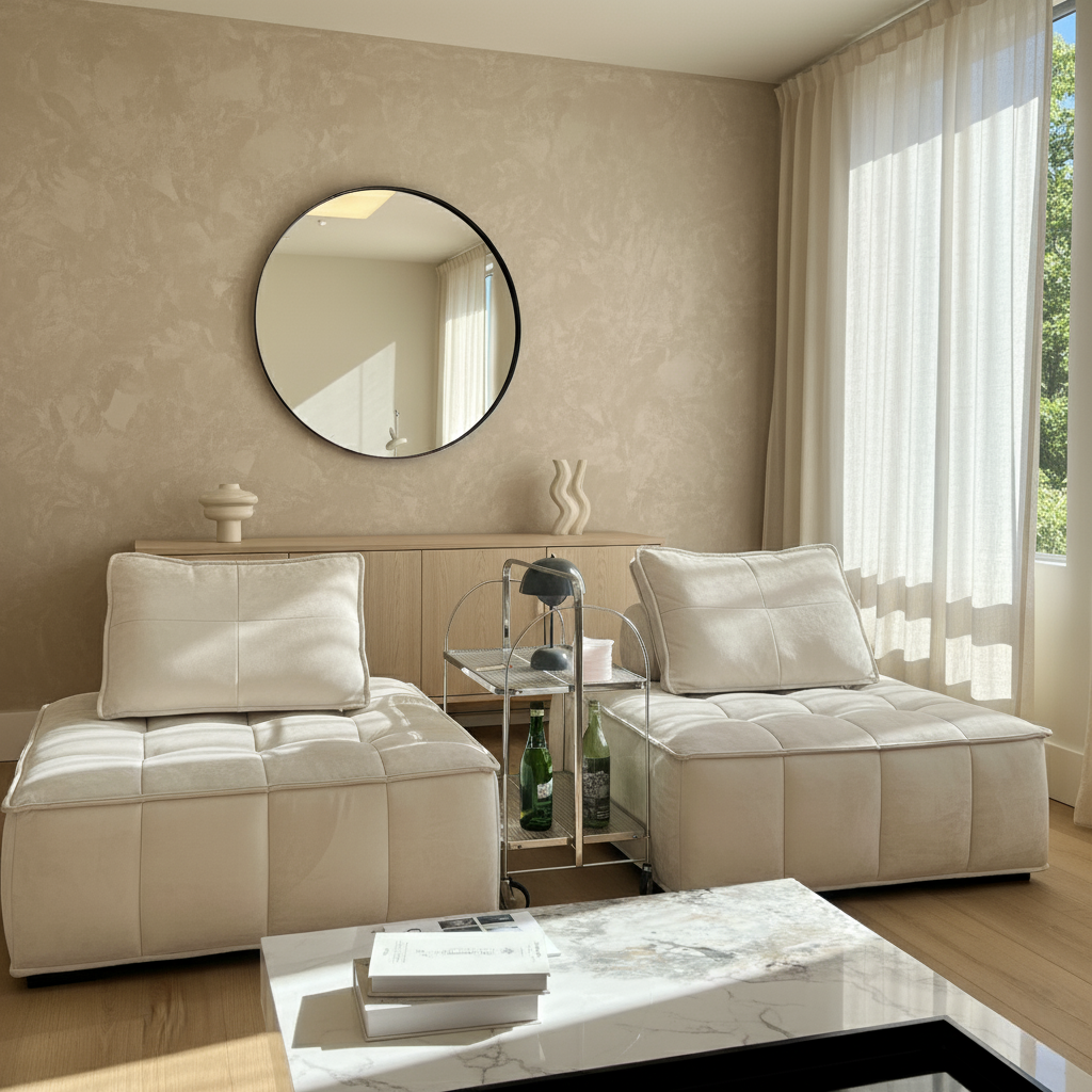 Tofu Modular Sofa in beige suede fabric styled in neutral modern living room with marble coffee table, bar cart, and round mirror