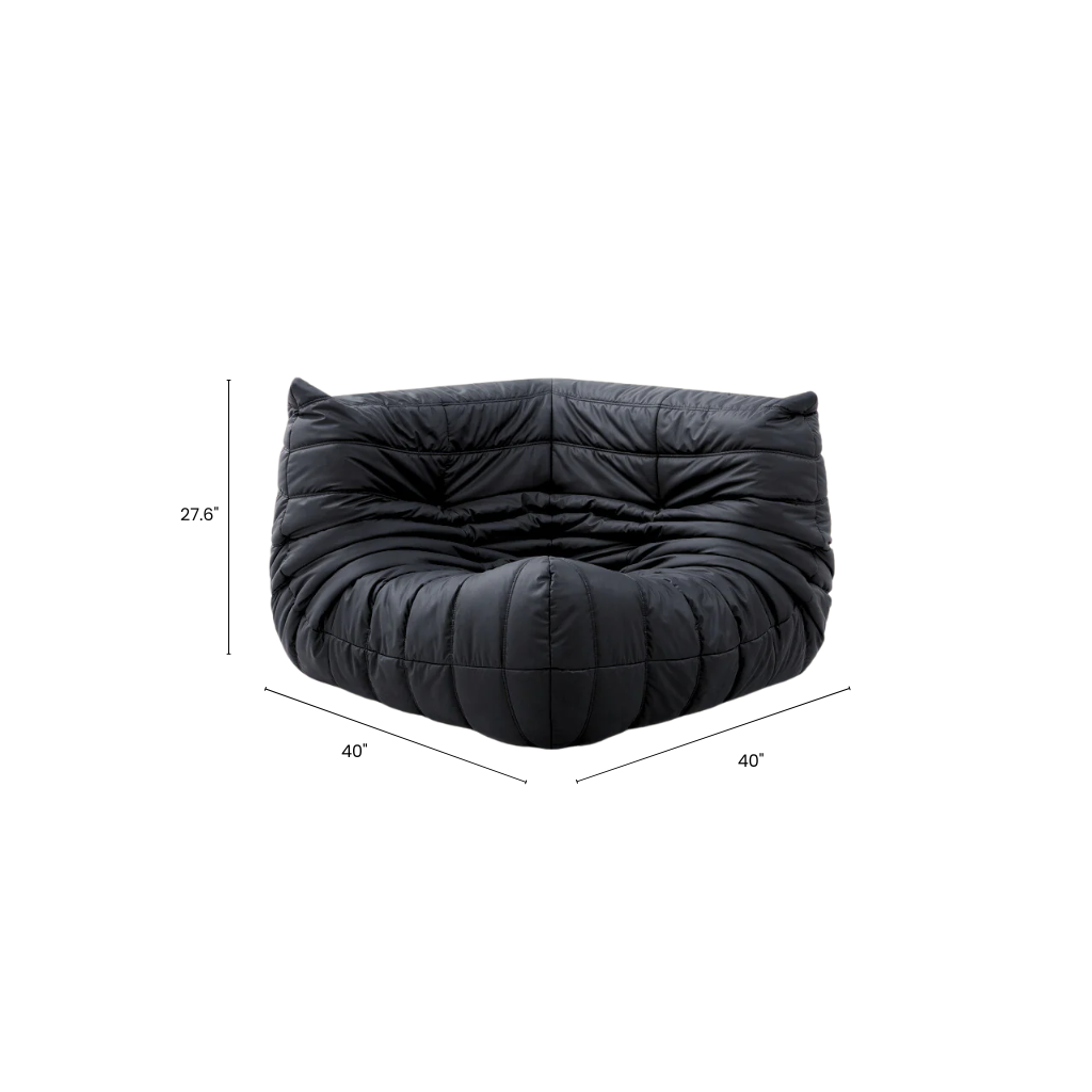 Black bean bag chair with dimensions on a white background