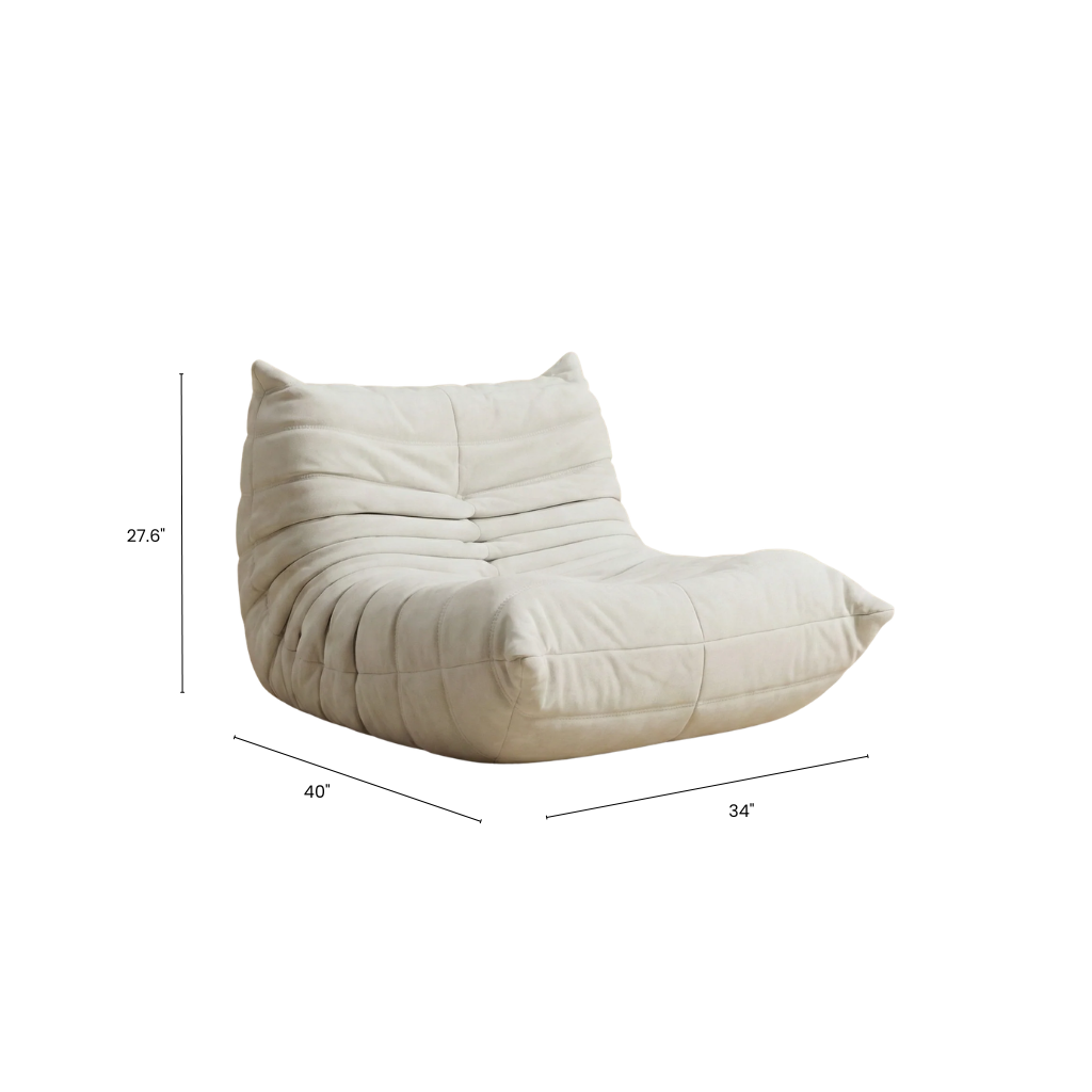 Beige bean bag chair with dimensions on a white background