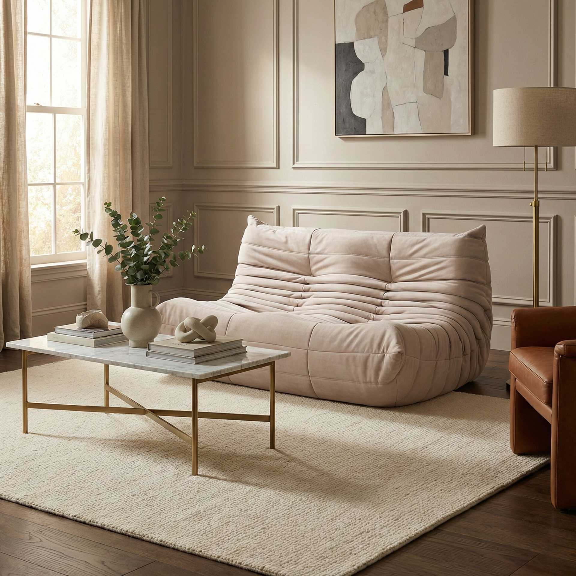 TOGO Lounger two-seater styled in a modern living room with a marble coffee table and neutral rug.