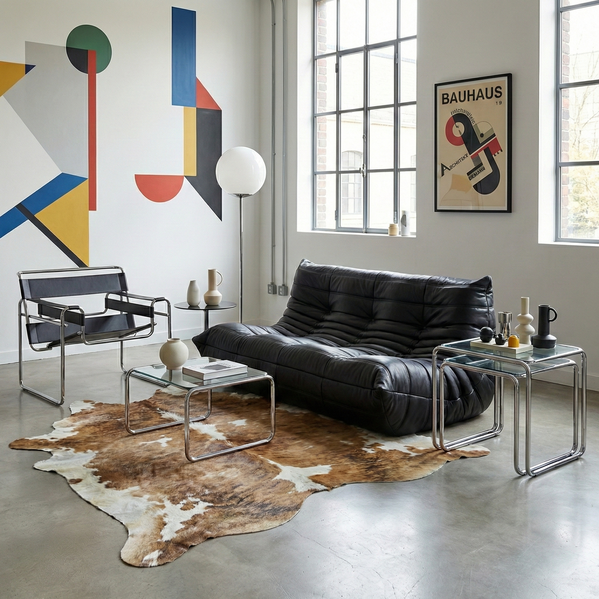 Modern living room with black leather sofa, glass coffee table, and abstract art on the wall.