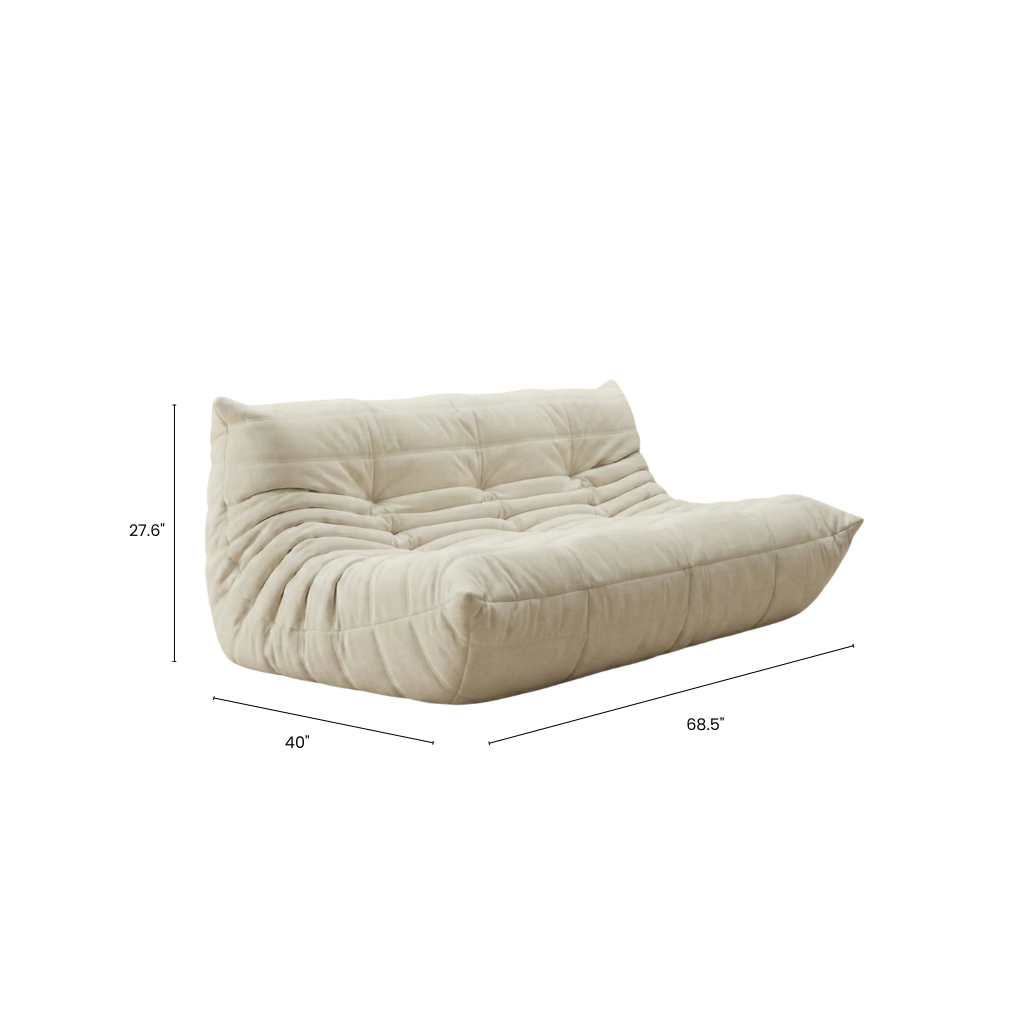 Beige sofa with dimensions indicated on a white background