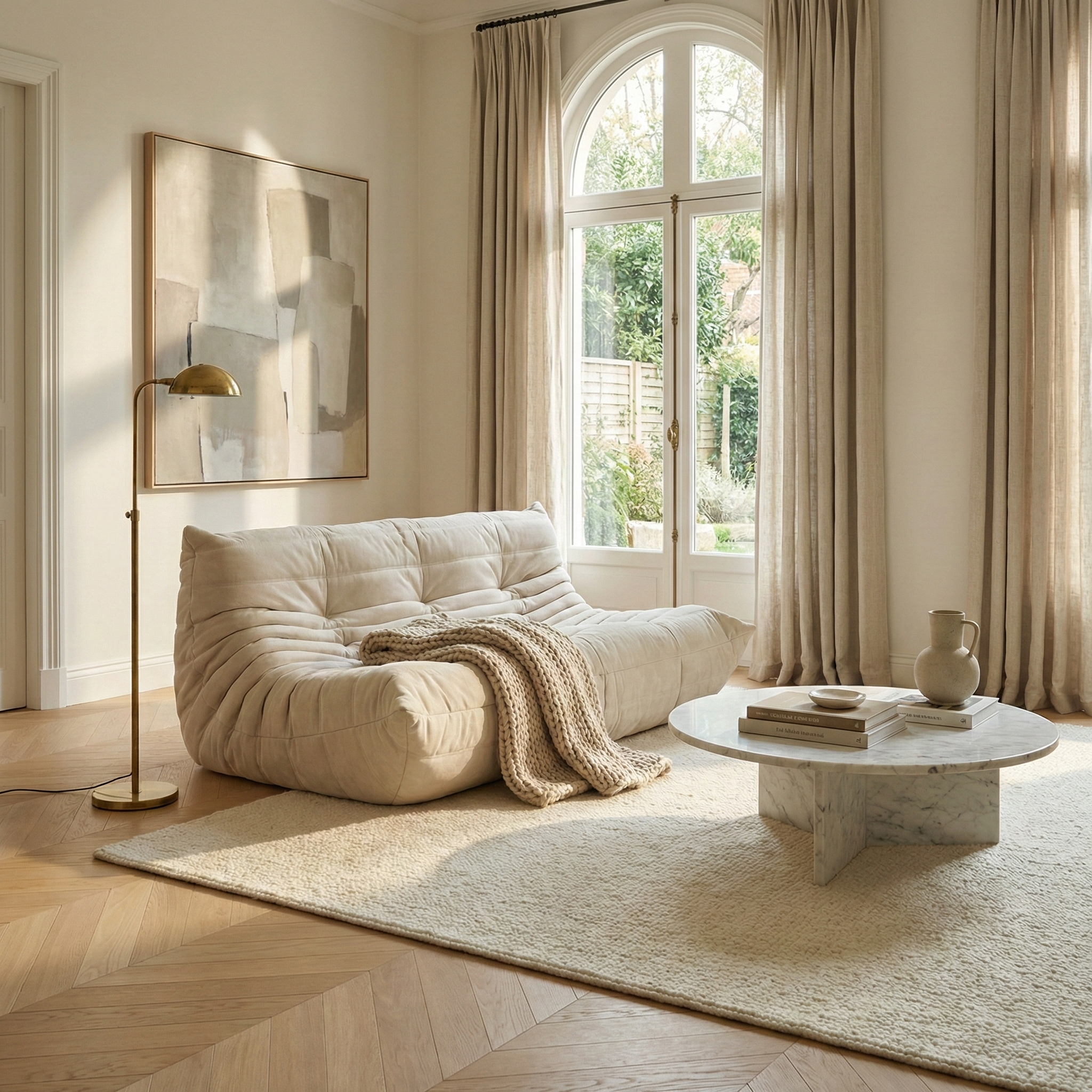 Modern living room with a beige sofa, round coffee table, and large window.