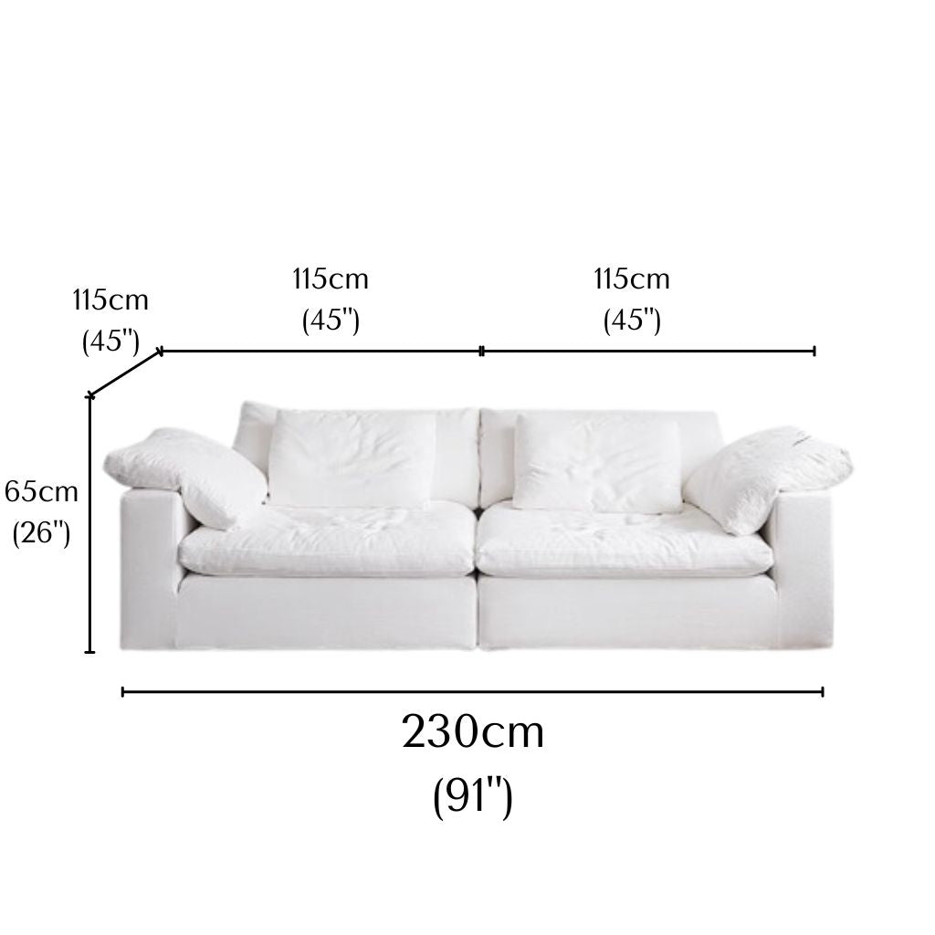 Ultra Softness Modular Cloud Sofa two seater in natural linen with labeled dimensions showing width 230cm, depth 115cm, and height 65cm