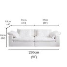 Ultra Softness Modular Cloud Sofa two seater in natural linen with labeled dimensions showing width 230cm, depth 115cm, and height 65cm