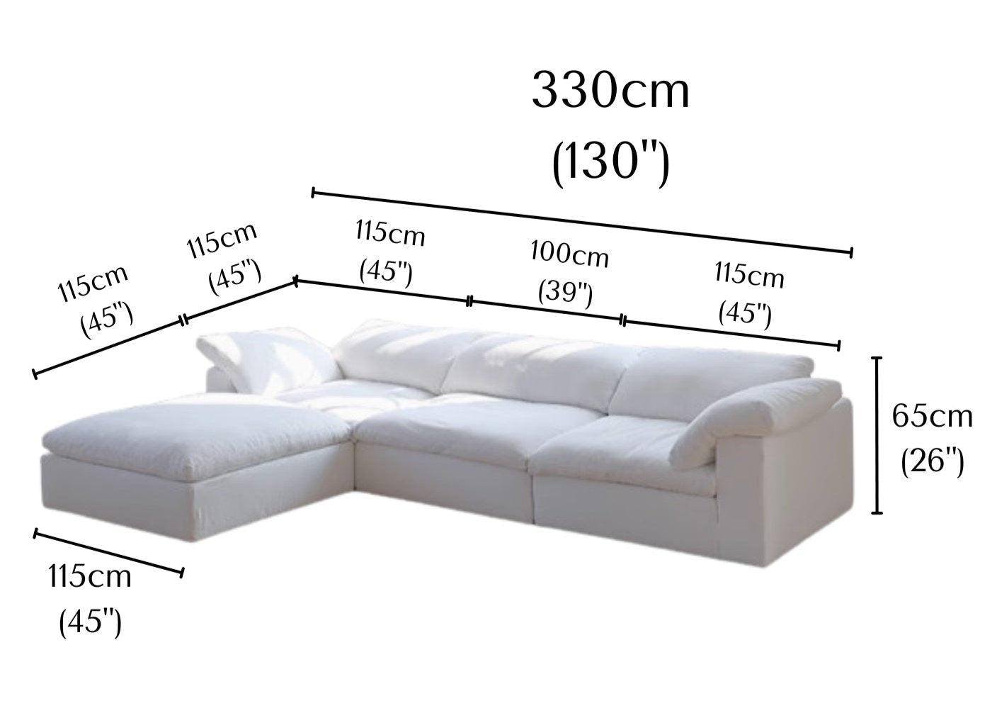 Ultra Softness Modular Cloud Sofa four seater with chaise in natural linen showing labeled dimensions width 330cm, depth 115cm, and height 65cm
