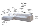 Ultra Softness Modular Cloud Sofa four seater with chaise in natural linen showing labeled dimensions width 330cm, depth 115cm, and height 65cm