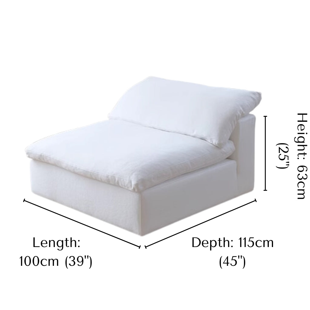 Ultra Softness Modular Cloud Sofa armless piece in natural linen with labeled dimensions length 100cm, depth 115cm, and height 63cm