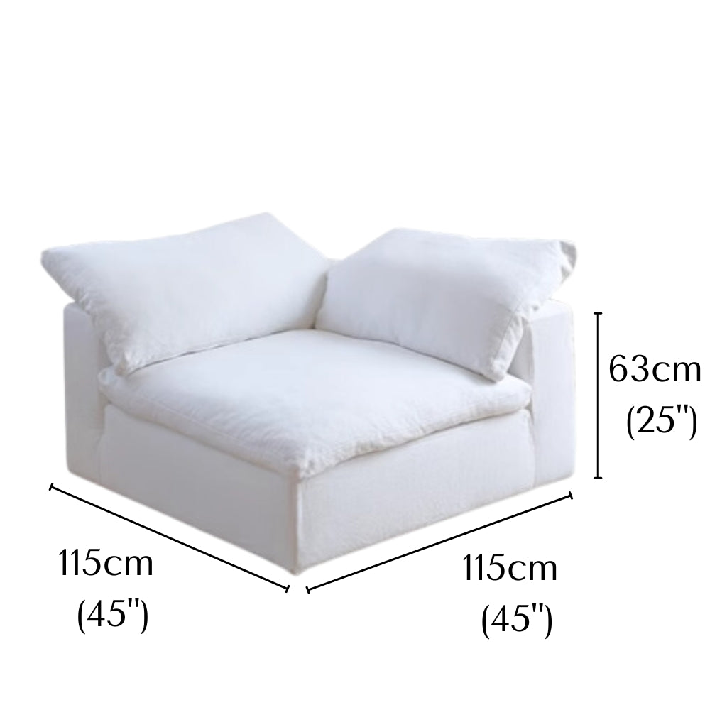 Ultra Softness Modular Cloud Sofa corner piece in natural linen with labeled dimensions width 115cm, depth 115cm, and height 63cm