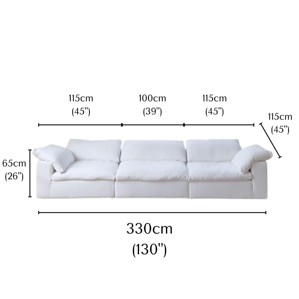 Ultra Softness Modular Cloud Sofa in natural linen with labeled dimensions showing width 330cm, depth 115cm, and height 65cm
