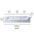 Ultra Softness Modular Cloud Sofa in natural linen with labeled dimensions showing width 330cm, depth 115cm, and height 65cm