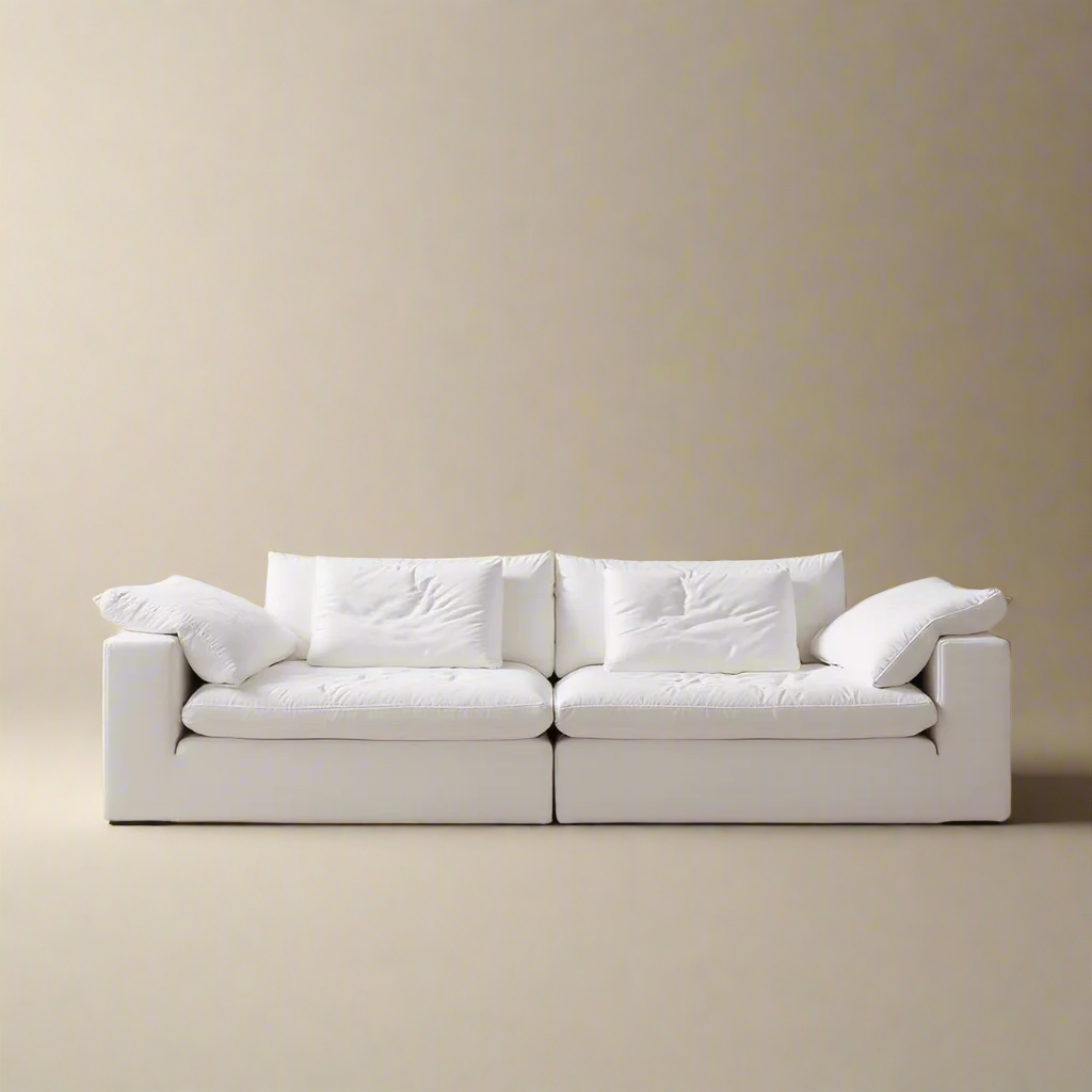 Ultra Softness Modular Cloud Sofa in natural linen with plush cushions and clean lines on a beige studio background