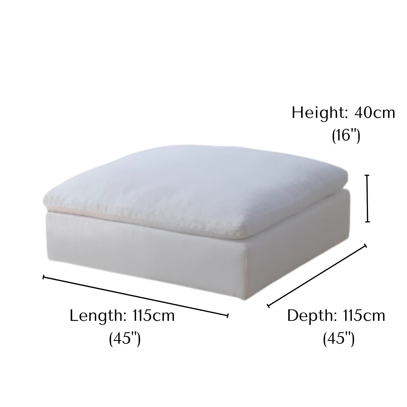 Ultra Softness Modular Cloud Sofa ottoman in natural linen with labeled dimensions length 115cm, depth 115cm, and height 40cm