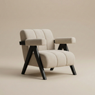 Studio angle of the Vanguard modern chair highlighting the floating armrest effect and geometric black wood structure.