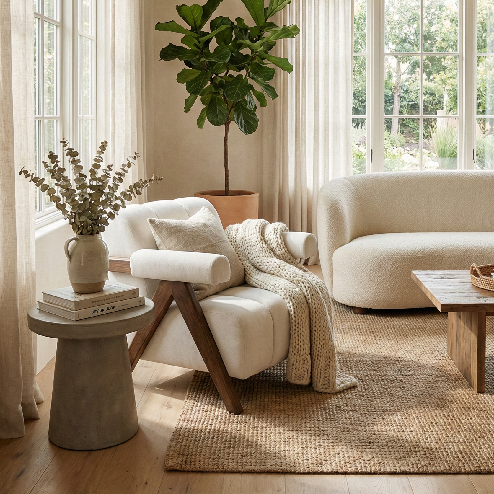 Vanguard accent chair styled in a bright neutral living room next to a concrete side table and large fiddle leaf fig tree.
