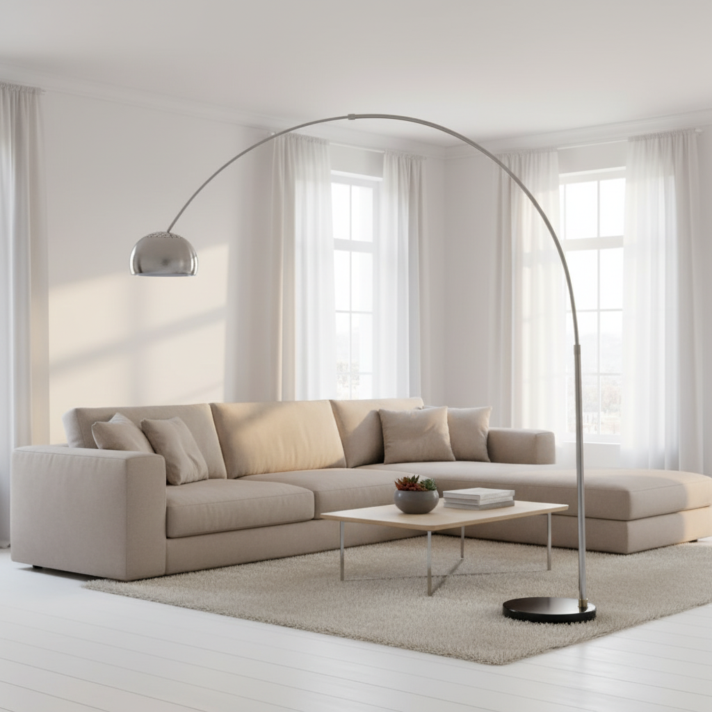 A sleek arc floor lamp with a brushed metal dome shade and a solid marble base, positioned in a bright living room