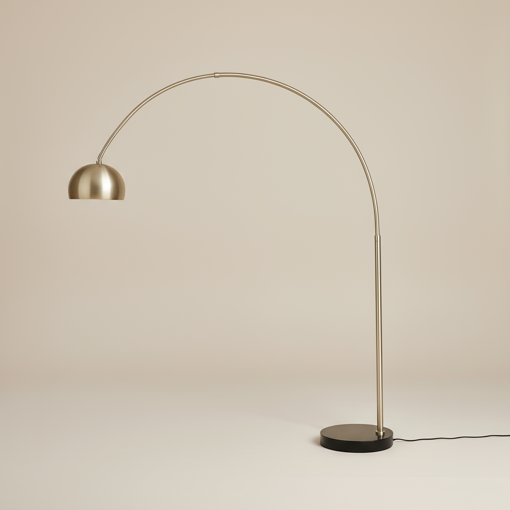 A sleek arc floor lamp with a brushed metal dome shade and a solid marble base, positioned in a beige studio