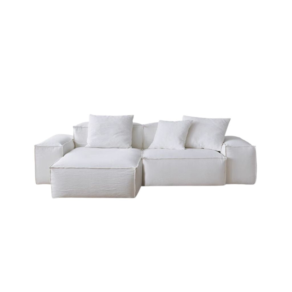 Whisper Breathable Cotton Sofa 2 seater with chaise in white cotton muslin fabric on white background