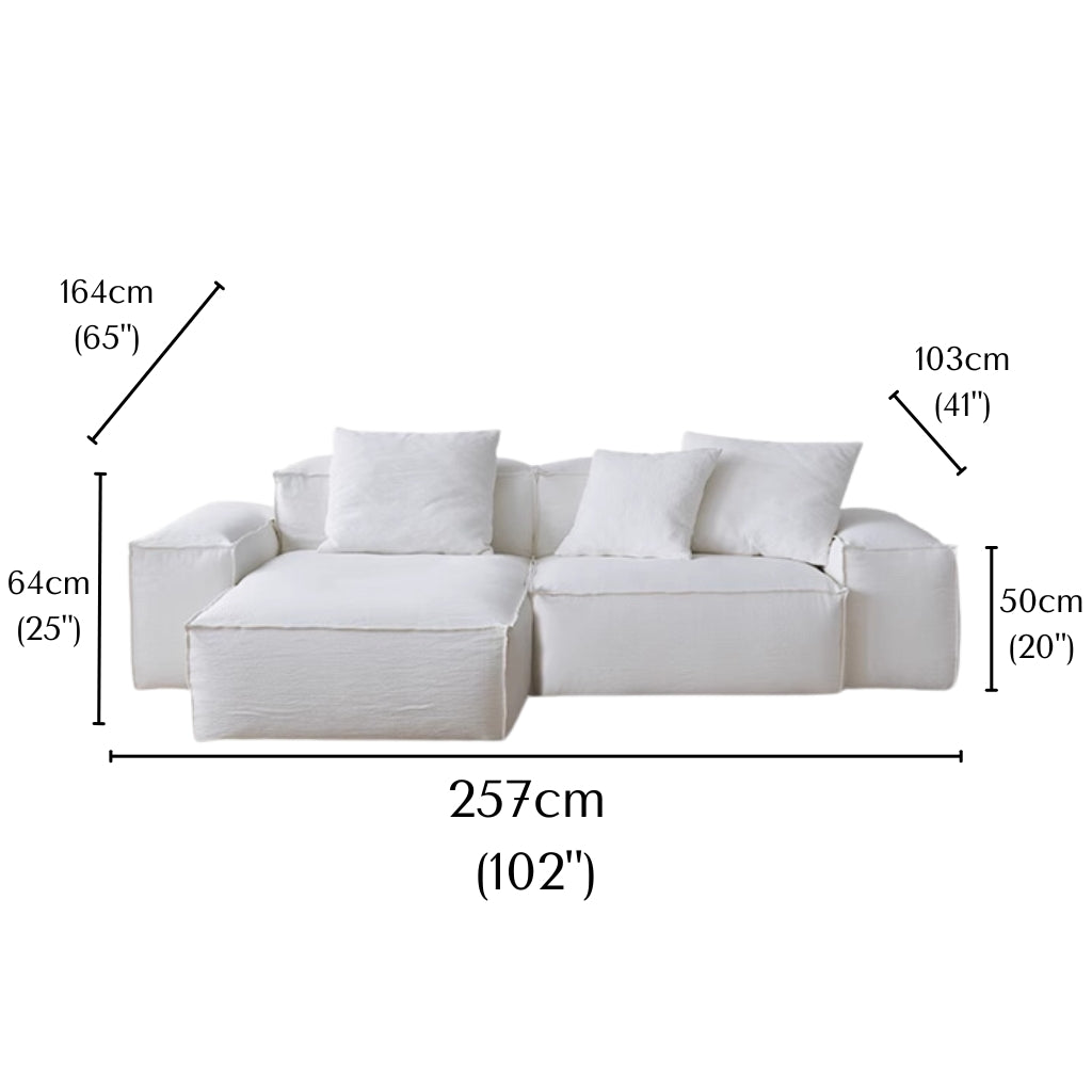Whisper Breathable Cotton Sofa 2 seater with chaise in white cotton muslin fabric and detailed dimensions shown