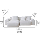 Whisper Breathable Cotton Sofa 2 seater with chaise in white cotton muslin fabric and detailed dimensions shown