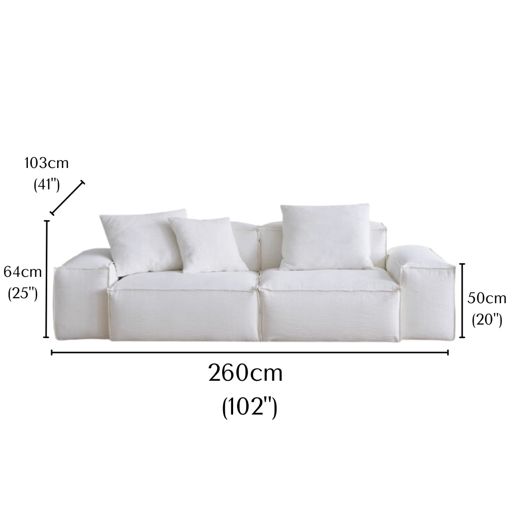 Whisper Breathable Cotton Sofa 2 seater in white cotton muslin fabric with detailed dimensions shown