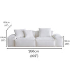 Whisper Breathable Cotton Sofa 2 seater in white cotton muslin fabric with detailed dimensions shown