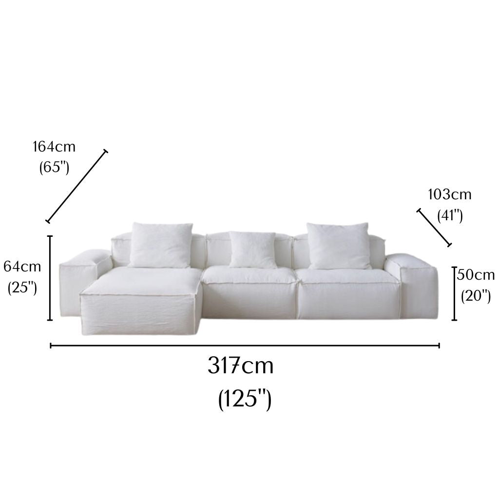 Whisper Breathable Cotton Sofa 3 seater with chaise in white cotton muslin fabric with dimensions shown
