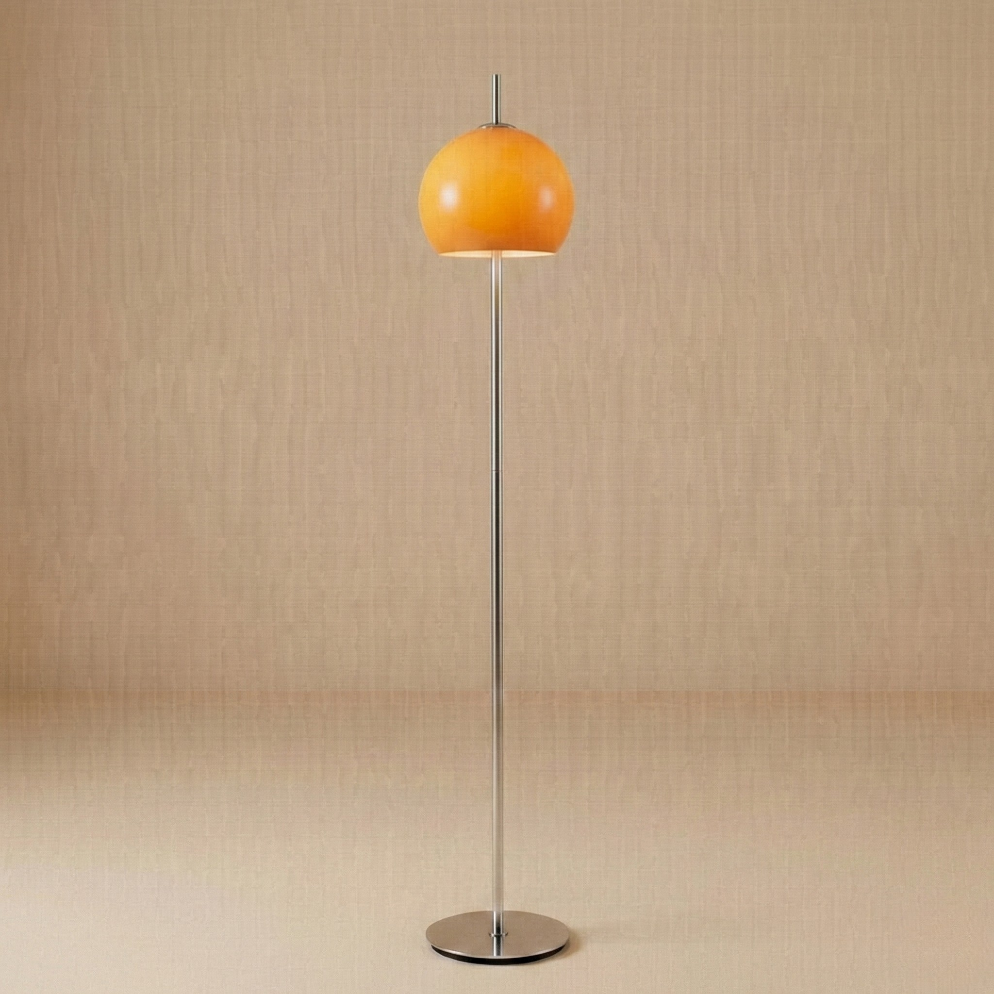 Lit view of the yellow glass dome floor lamp, casting a warm ambient glow through the semi-opaque shade.