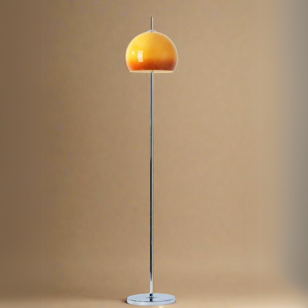 Yellow Dome Glass Standing Floor Lamp with chrome base and stem against warm beige background